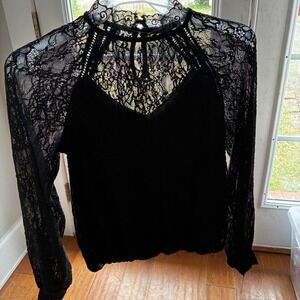 Black Lace Top Womens Small Sheer Long Sleeve‎ Boho Gothic Romantic Whimsigoth